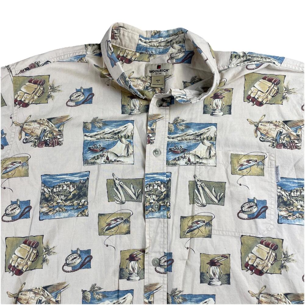 Woolrich Fly Fishing AOP Button Up Shirt Men's XL Short Sleeve Fishing